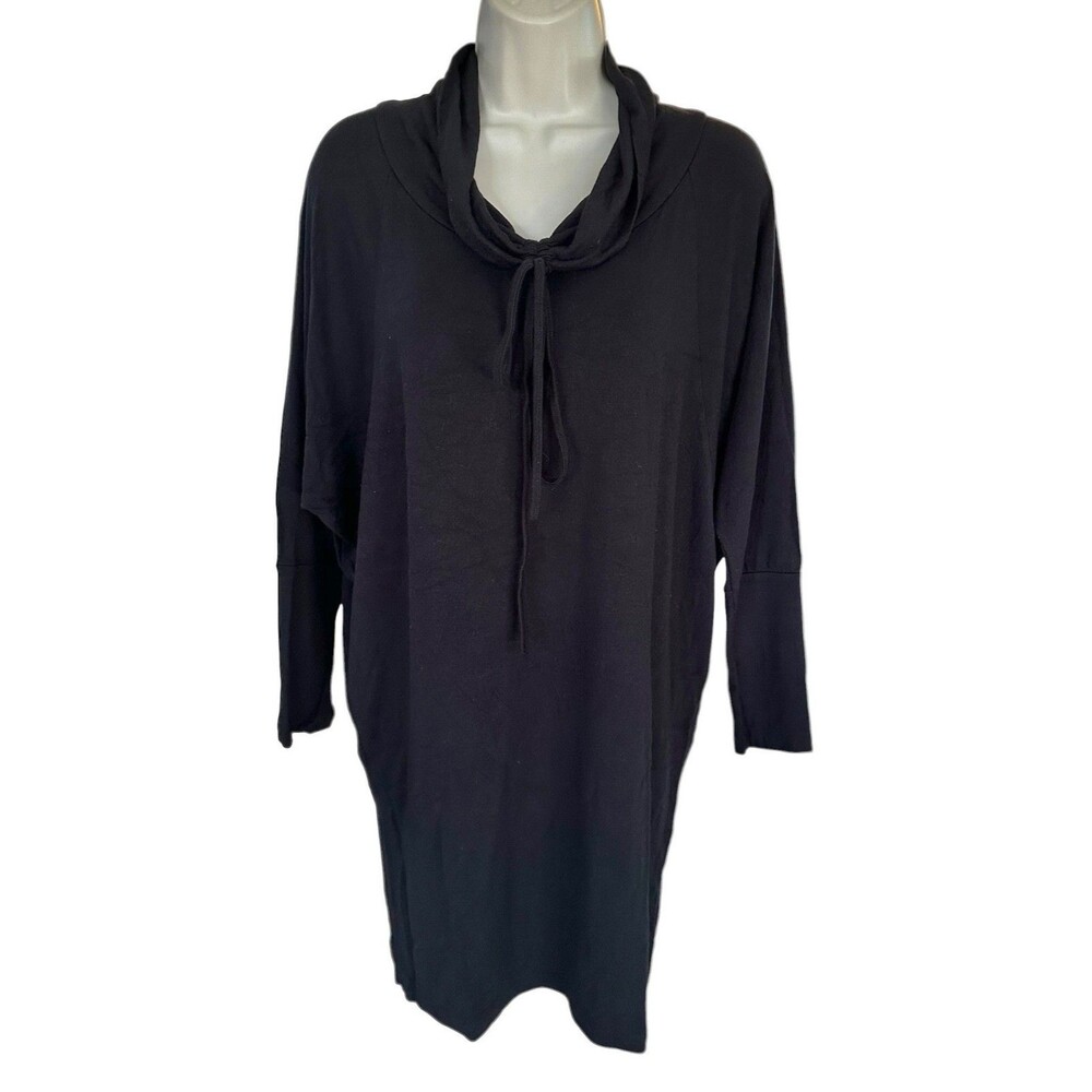 Women's Bat Sleeve Tencel Tunic Sweater 3/4 Sleeve Cowl Neck w/Tie Size M Black